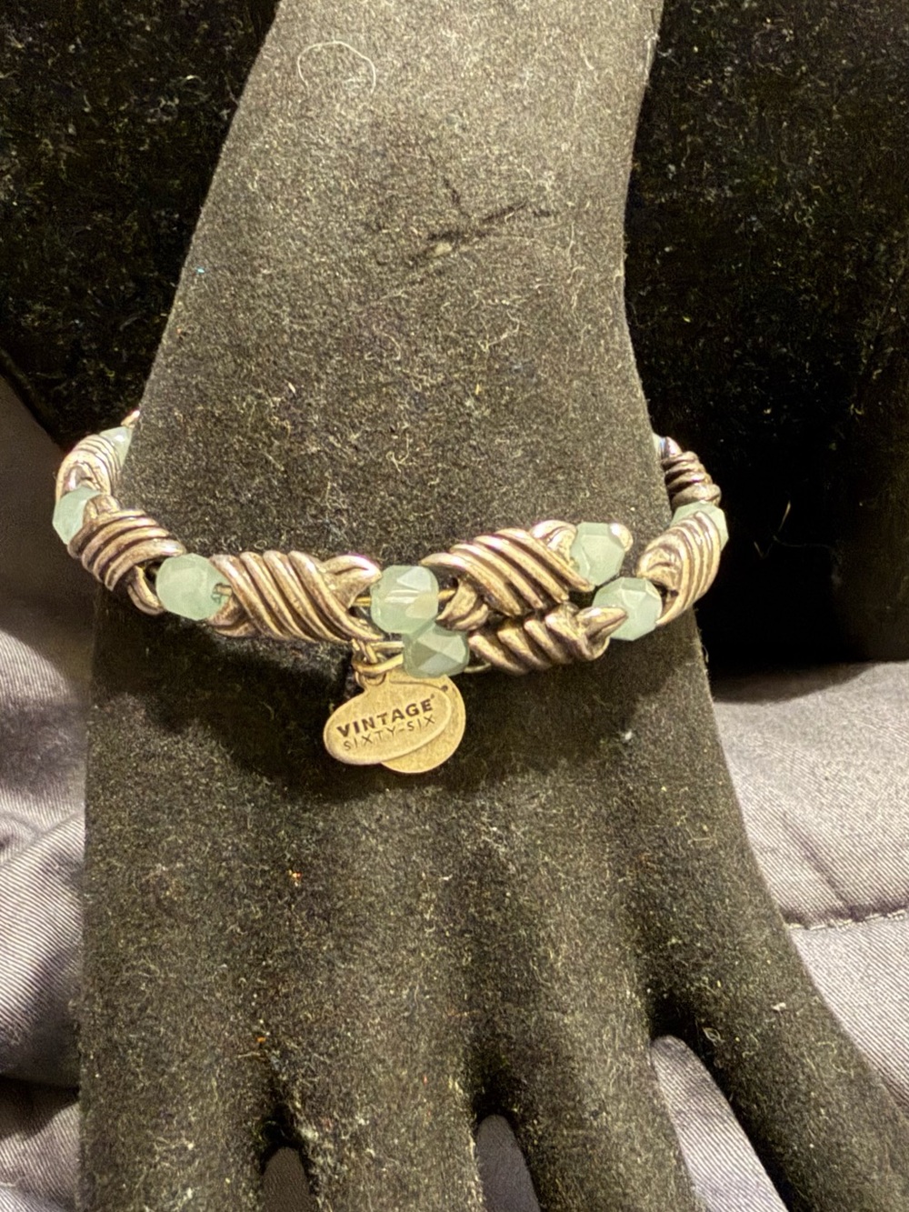 Alex and Ani Antique Silver Twisted Bracelet with Sage Beads